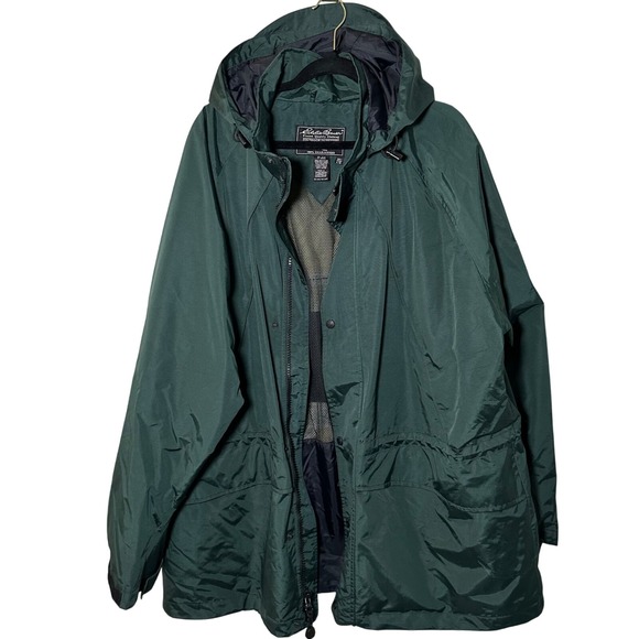 Vintage Eddie Bauer Mens Large Green Nylon Hooded Waterproof Outdoor Jacket Coat